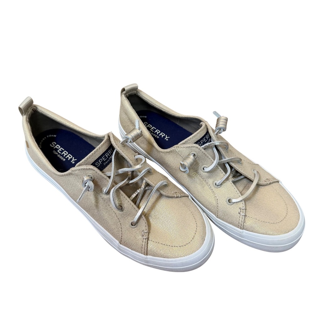 Sperry Womens 9.5W Crest Vibe Gold Metallic Canvas Sneakers Preppy Boat Coastal
